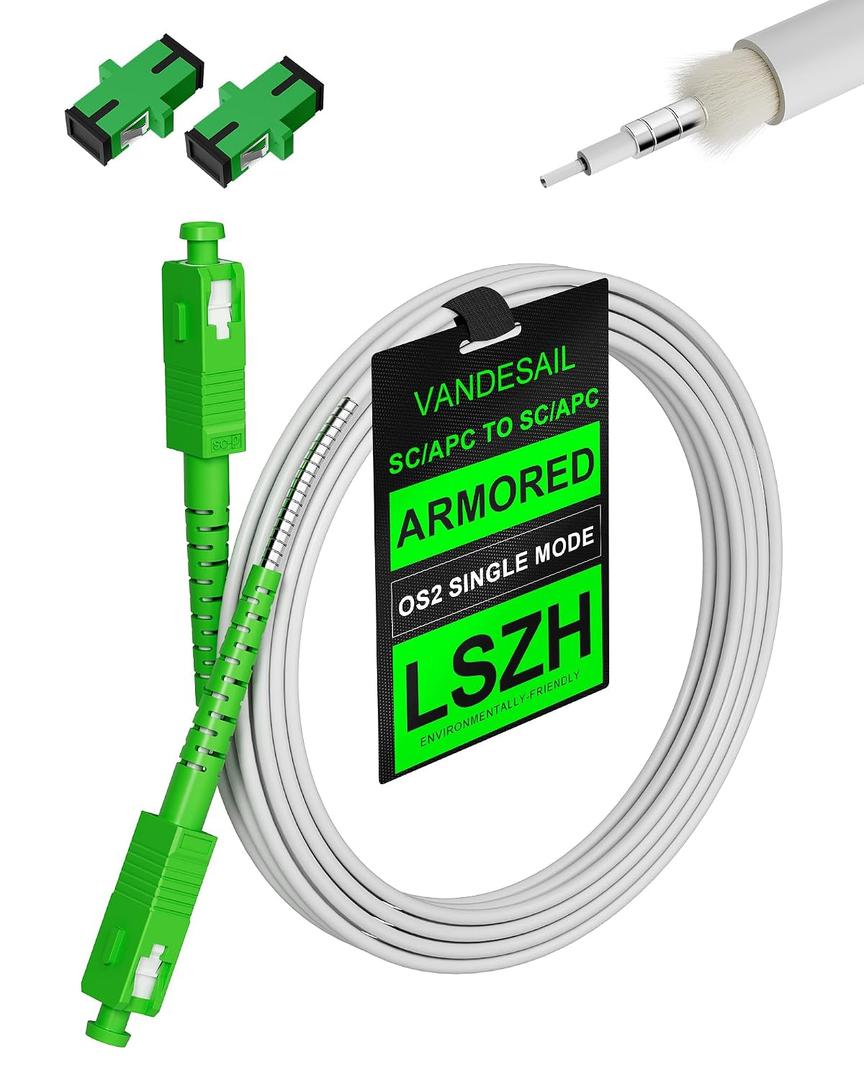 SC (Angled Physical Contact) Fiber Optic Internet Cable, OS2 Armored SC Fiber Patch Cable Single Mode with 2 Couplers, OS1 Compatible for Data Centers, LSZH White - 20M(65.6FT)