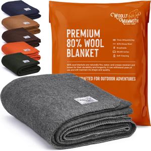 Woolly Mammoth Woolen Co. | Extra Large Merino Wool Camp Blanket | Perfect Outdoor Gear | Bedroll for Bushcraft, Camping, Trekking, Hiking, Survival, or Throw Blanket at the Cabin (Gray), 66" x 90" (Grey)