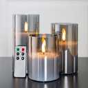 Eywamage Smoke Grey Glass Flameless Candles with Remote, Flickering Battery Operated LED Pillar Candles Set of 3 (Gray)