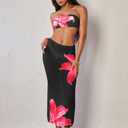 ZAFUL Womens 3pcs Bikini Swimsuits Bandeau 3 Piece Swimwear High Cut Bikini Sets with Long Sheer Coverup Dress 1-Floral Black M