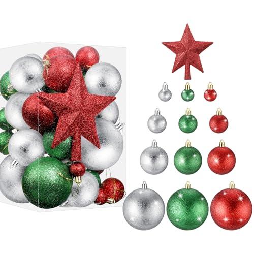 Outus 61 Pcs Glitter Christmas Ball Tree Ornament Set Shatterproof Hanging Ornaments Ball Bulk Plastic Xmas Tree Star Topper for Holiday Wedding Birthday Party Decorations(Red Green Silver)