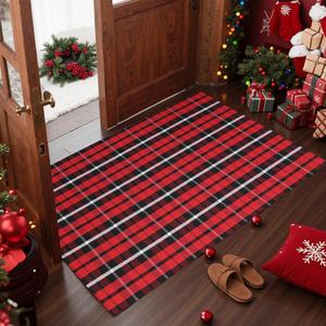 Buffalo Plaid Outdoor Rug 2' x 4'4" Red & Black White Checkered Area Rug Washable Doormats Indoor Outdoor Rugs for Layered Front Door Mats, Porch, Entryway, Kitchen, Farmhouse