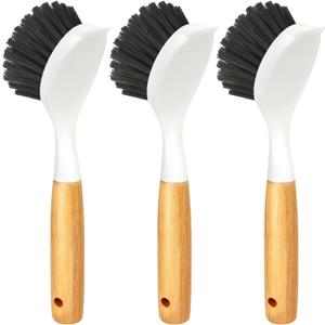 Holikme 3 Pack Cast Iron Brush and Scraper with Bamboo Handle  Skillet Scrubber with Tough Nylon Bristles, Kitchen Cleaner for Cleaning Skillet, Grill Pan, Dark Gray