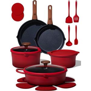 CAROTE 20pcs Titanium Cookware Set, Pots and Pans Set Detachable Handle | Non-Stick, Non-Toxic, Induction Compatible, Dishwasher & Oven Safe, Space Saving, Camping Cooking, Red