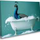 PBXBJY Animal Bathroom Wall Art Peacock in the Bathtub Canvas Pictures Funny Animals Painting Print Modern Toilet Decor Frame (16.00" x 24.00")