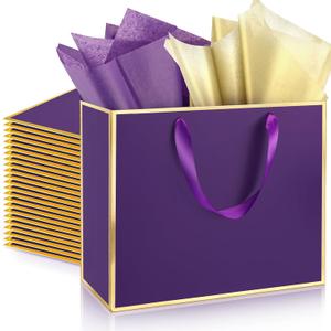 ReliThick 12 Pack 12 Pack Metallic Paper Gift Bag with Handles and Tissue Paper 11.8 x 10 x 4'' Thank You Favor Bag for Christmas Thanksgiving Wedding Bridesmaid 5 Senses Gifts (Dark Purple,Gold)