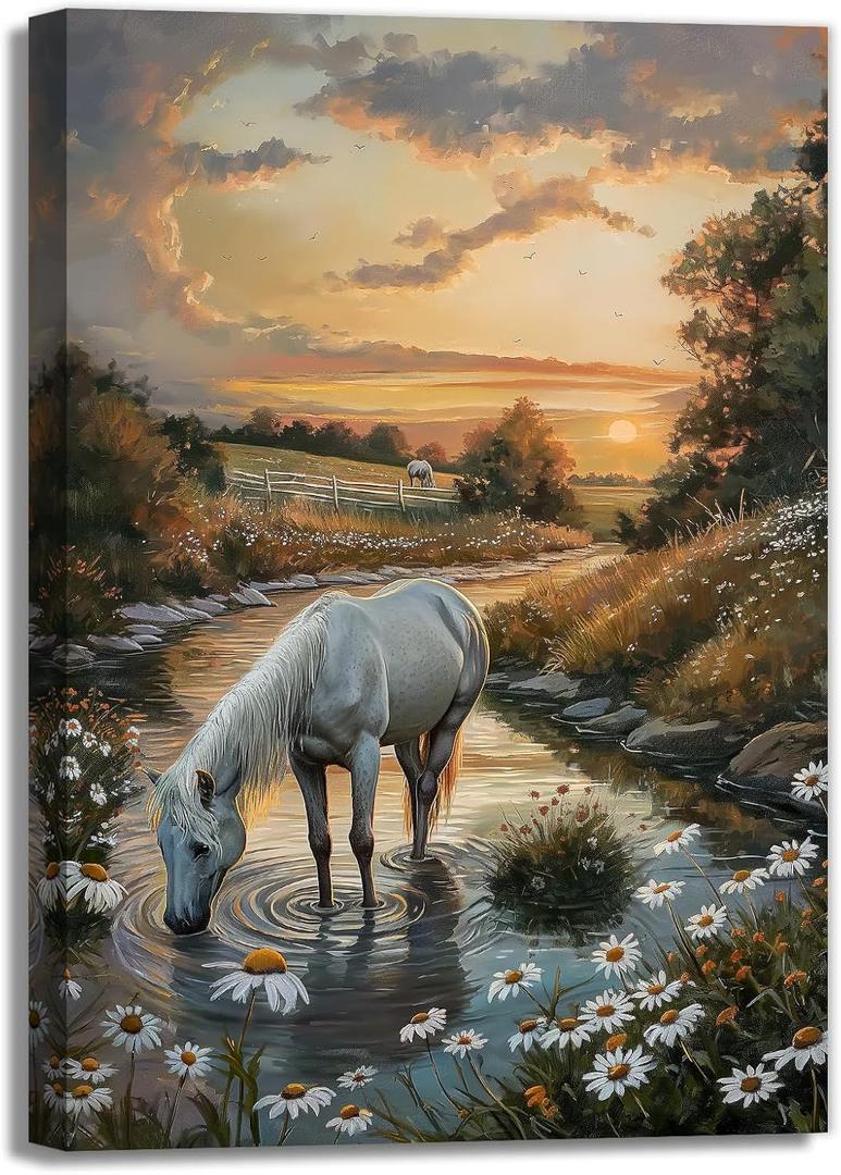 White Horse Canvas Wall Art Abstract Animal Picture Print Vintage Farmhouse Art Poster Retro Forest Landscape Painting Framed Artwork For Bedroom Living Room Home Decor(Artwork-4,16"x24")