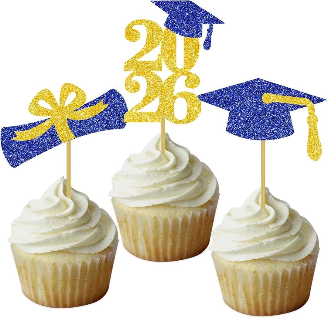 Graduation Cupcake Toppers Grad Party Decoration Food Picks Congrats Glitter Diploma Cap School Colors Supplies 24 PCS Blue Gold