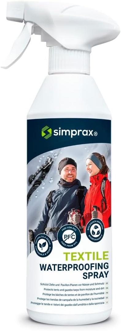 simprax Textile Waterproof Spray Eco-Friendly & Skin-Safe | Water-Based Waterproofing for Gore-Tex, Sympatex & Softshell | Biodegradable Waterproofing Spray for Fabric Outdoor | Made in Germany (17 Fl Oz (Pack of 1))