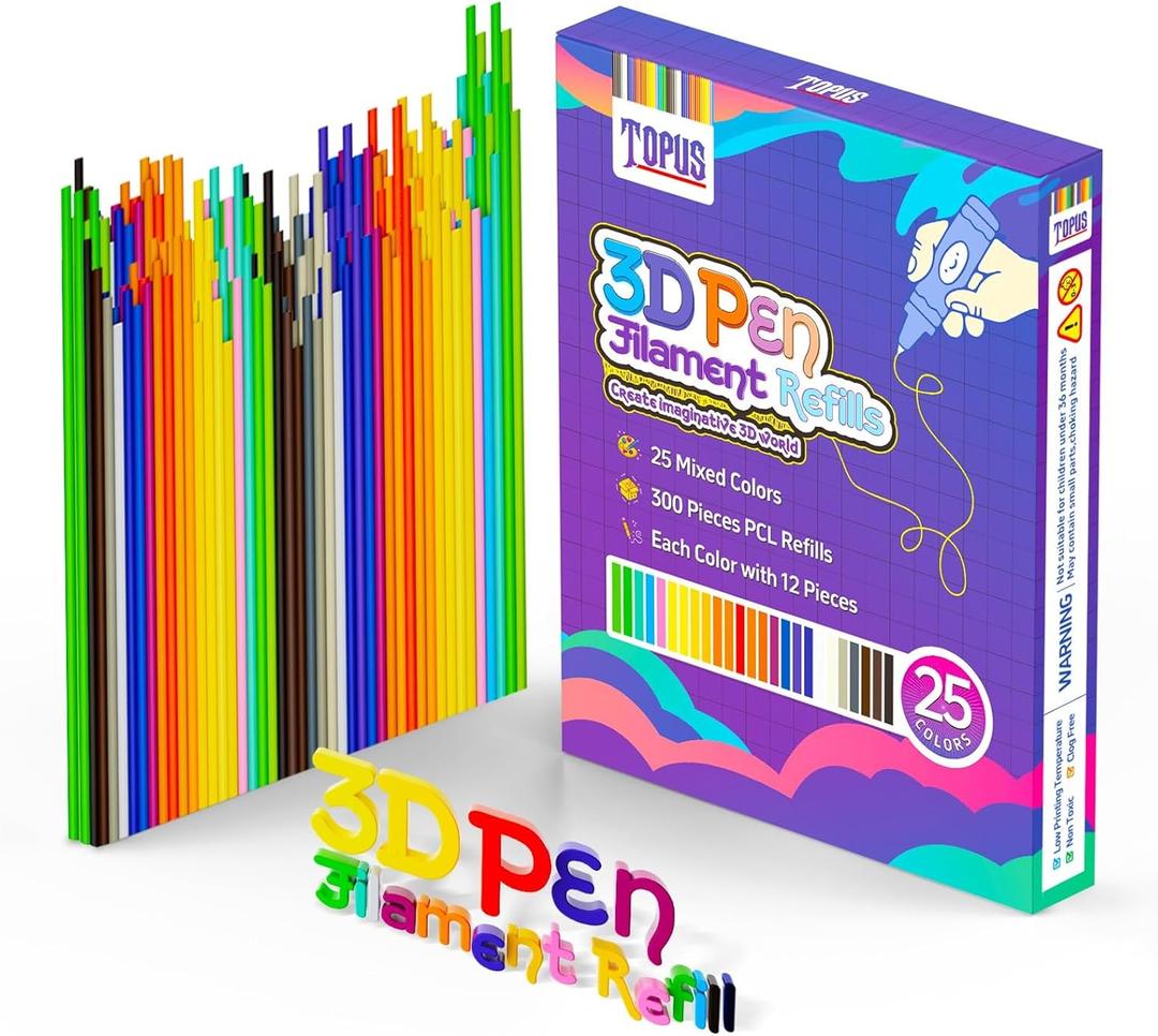 Topus 300Pcs 3D Pen Filament Refills Compatible with 3Doodler Start+ Pen, 25 Colors 3D Filament Bundle, 3D Pen Refill Sticks with 15cm x 12Pcs Per Color, Low Print Temperature PCL Filament 2.5mm Thick