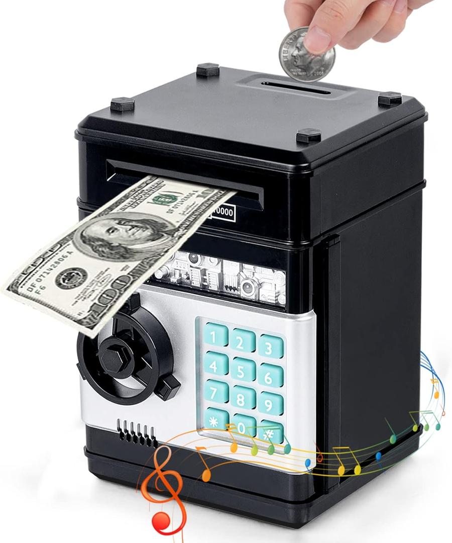 Refasy Piggy Bank Cash Coin Can ATM Bank Electronic Coin Money Bank for Kids Age 3-12, Money Savings Box Mini ATM Coin Bank Toys Gifts for 3 4 5 6 7 8 9 10 11 12 Year Old Boys Girls (Black)