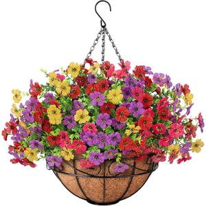 Artificial Fake Hanging Flowers Plants Basket Outdoors, Faux Silk UV Resistant Look Real Daisy Eucalyptus for Spring Summer Garden Porch Home Patio Balcony Yard Decorations, Multicolor