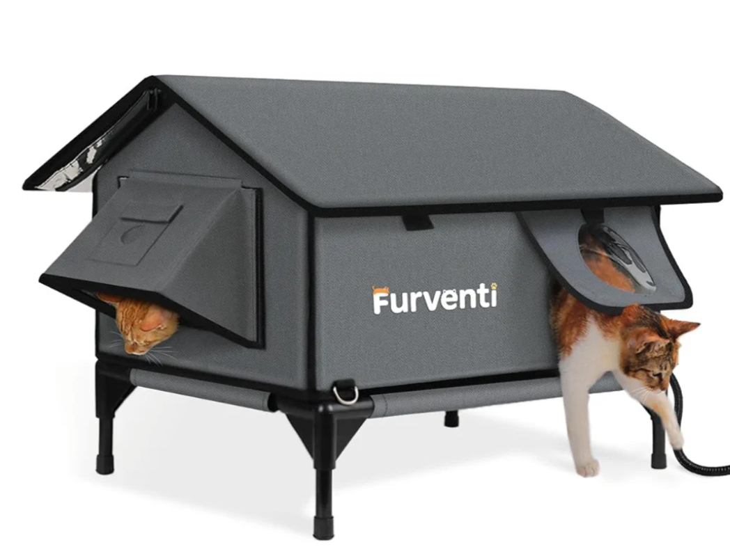Heated Cat House for Outside,Extremely Weatherproof&Insulated in Winter,Elevated Outdoor Cat Shelter with Waterproof Eaves&Escape Door for Feral Stray Barn Cats(Dark Grey,L)
