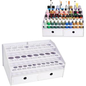 Miniatures Paint & Paintbrush Storage Organizer Rack, Craft Paints Holder with Drawer, 43 Holes for Model Paint, 16 Holes for 2 oz Paints, 22 Holes for Brush