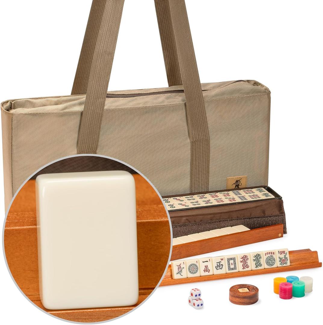 Yellow Mountain Imports American Mahjong Set, Mojave (Ivory) with Brown Soft Case, All-in-One Racks with Pushers, Wright Patterson Scoring Coins, Dice, & Wind Indicator