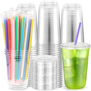 50PCS 16 oz Clear Plastic Cups with Lids and Colorful Straws, Round Bottom Disposable To Go Coffee Smoothie Juice Bubble Tea Cups, PET Party Cups for Holiday, Birthdays, Picnics, Christmas