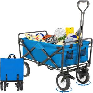 Arlopu Collapsible Folding Wagon Garden Cart, Outdoor Utility Beach Wagon, Heavy-Duty 7.8'' Brake All-Terrain Wheel Grocery Cart for Camping, Shopping, Picnic,Sport, Adjustable Handle&Carry Bag,170 LB (Blue)