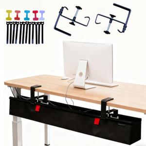 Under Desk Cable Management Tray, 36" Large No Drill Cord Organizer with Easy to Clean Oxford Fabric, Clamp On Power Stripe Holder for Home Office & Gaming Space to Hide Wires