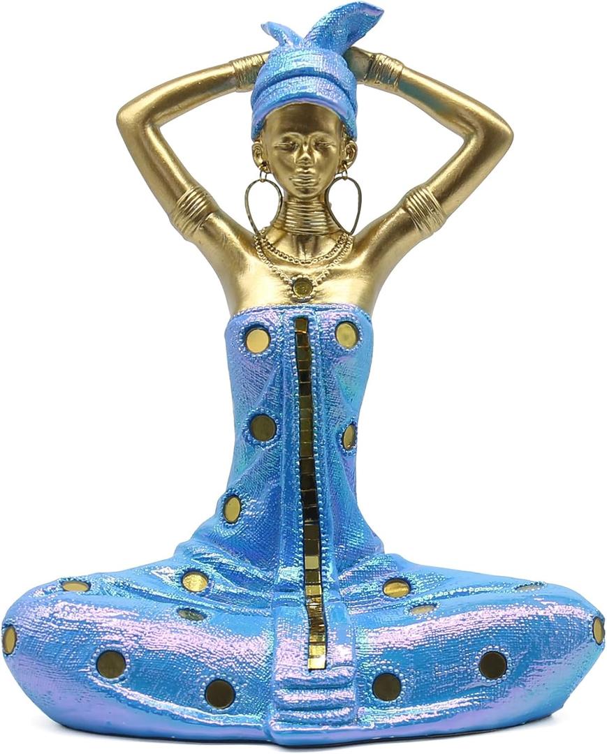 Lukitas African Woman Figurine Home Decor, Yoga Woman Statue and Sculpture, Handcrafted Decoration for Living Room Office Table Shelf, Golden and Blue, Resin 7.5''