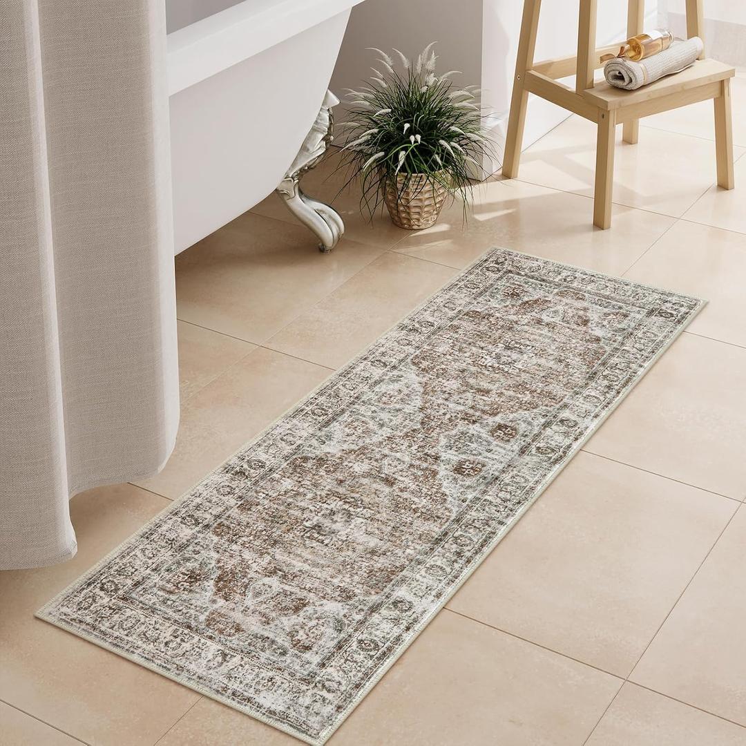 Uphome Bathroom Runner Rug, Distressed Farmhouse Boho Khaki Bath Mat, Non Slip Washable Long Bath Rugs, Vintage Traditonal Soft Velvet Bathroom Runner for Bathtub Sink Shower, 18x47 inch (Khaki/Red Brown)