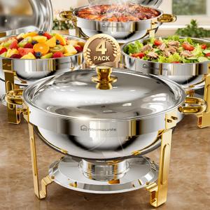 WARMOUNTS Gold Chafing Dishes for Buffet (5QT, 4 Pack), Round Chafing Dish Buffet Set, High Grade Stainless Steel Chafers and Buffet Warmers Sets, Food Warmers for Catering Events, Parties, Weddings