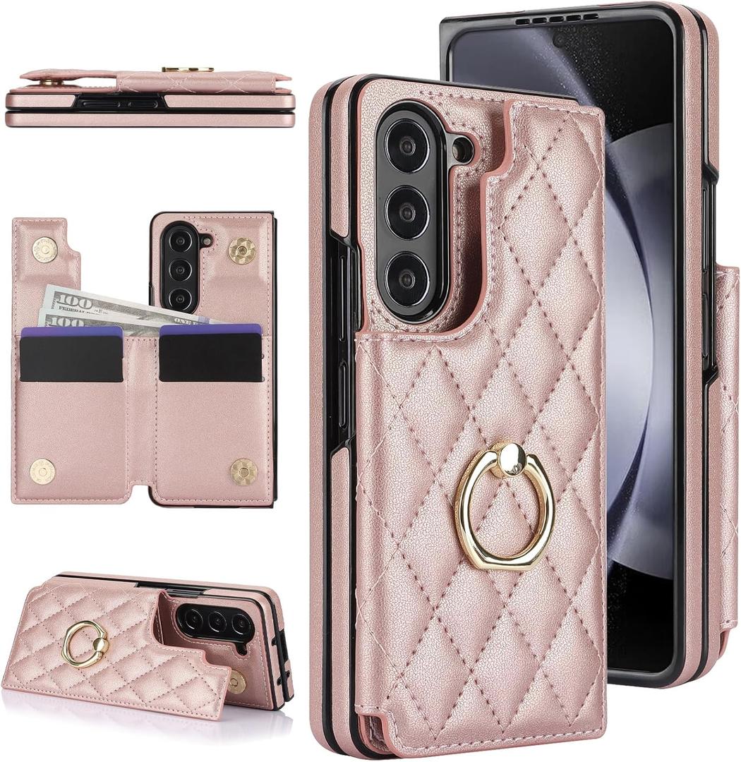 for Samsung Galaxy Z Fold 5 Wallet Case with Ring and Credit Card Holder, Cash Slot, Premium Diamond Leather Magnetic Clasp Kickstand Heavy Duty Protective Cover.(RoseGold)