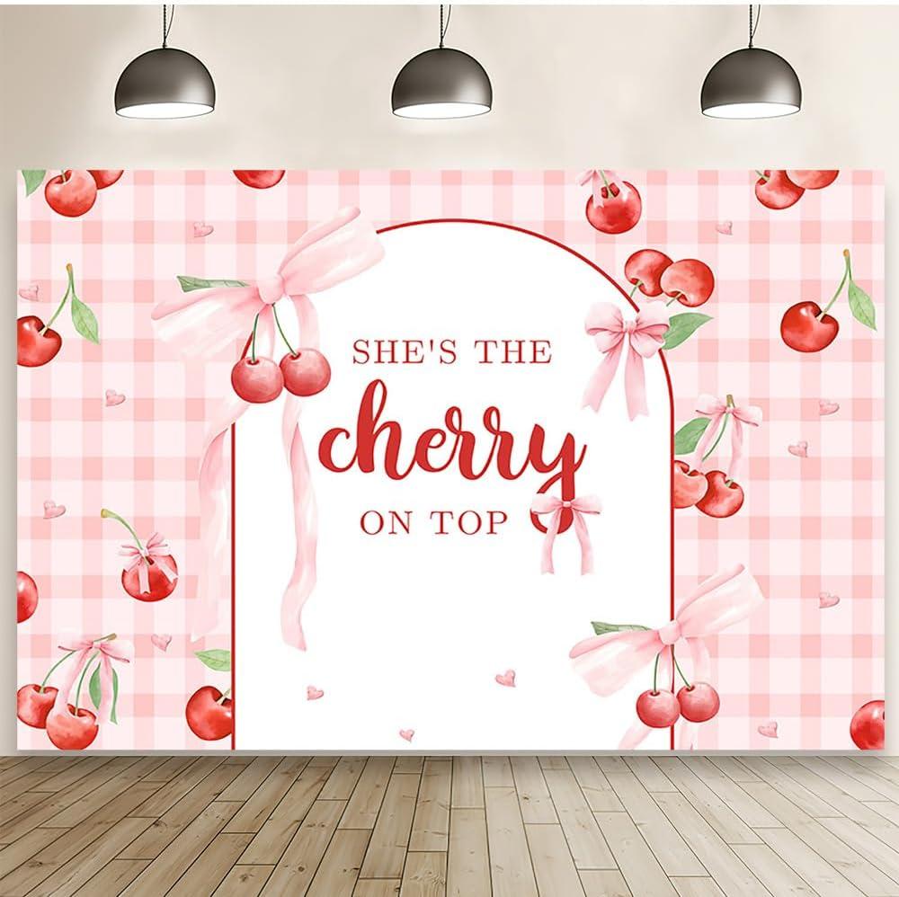 MEHOFOND 7x5ft She's The Cherry on Top Baby Shower Backdrop for Girl Cherry Theme Coquette Bridal Shower Decorations Bow Party Decor Cherry Bride to Be Engagement Party Decor Birthday Photobooth Props