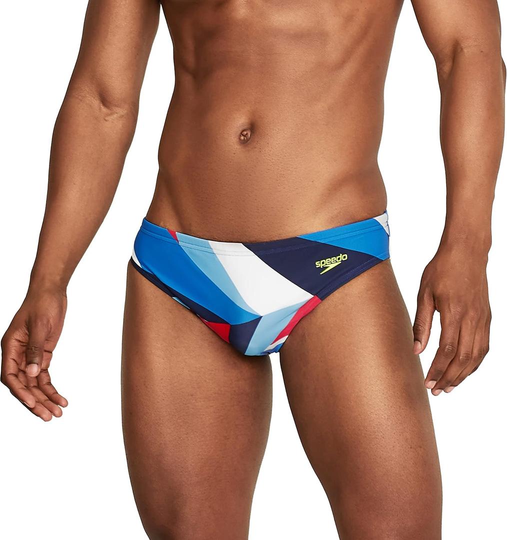 Speedo Men's Swimsuit Brief Creora Highclo Printed (34, Drift Red/White/Blue)