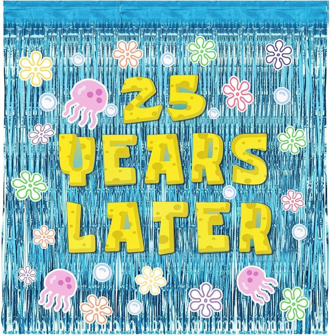 Cartoon Birthday Decorations Adjustable Number Years Later Banner Blue Tinsel Foil Fringe Curtains Backdrop Jellyfish Flowers and Bubbles Stickers for Ocean Theme Party Decorations
