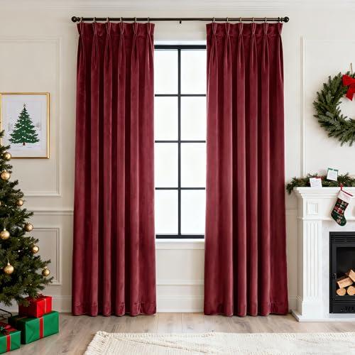 Pinch Pleat Burgundy Velvet Curtains 90 inches Long 2 Panel Thermal Insulated Triple Pleated Red Blackout Velvet Drapes Room Darkening Thick Luxury Modern Elegant Red Christmas Living Room Curtain, 40"W x 90"L (Pack of 2) Burgundy 