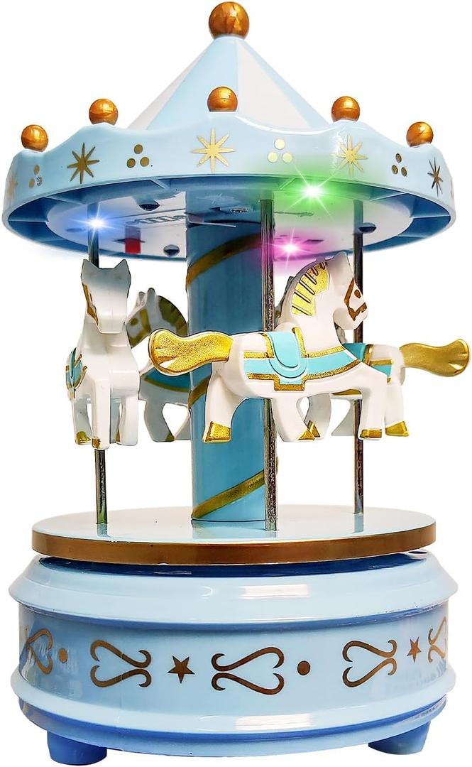 WEofferwhatYOUwant Carousel Music Box  Blue Horse Merry-Go-Round, Beethovens Fr Elise | LED Lights | Twist-to-Play Music | Cake Topper & Nursery Decor | Baby Boy Gift | No Batteries for Music