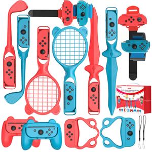 Switch Sports Accessories Bundle, 14 in 1 Sports Games Accessories Kit for Nintendo Switch/OLED Console & Joycons, Family Sports Party Pack Kit with Golf Clubs, Tennis Rackets, Swords