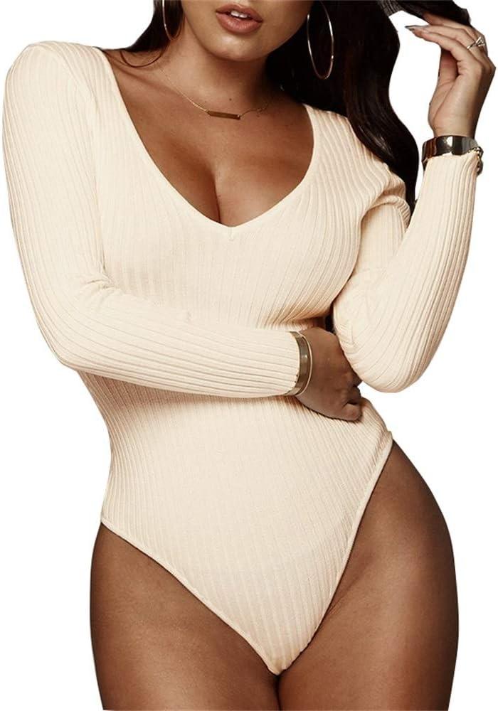 GEMBERA Women's Deep V Neck Long Sleeve Bodysuit Ribbed Knit Bodycon Basic Bodysuit Tops (X-Large, Cream)