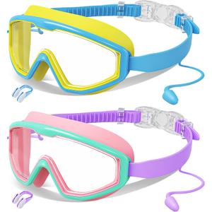 Kids Swim Goggles Wide View Anti-Fog UV Protection No Leak, Swim Mask with Nose Clip Earplugs Pool Beach Essentials