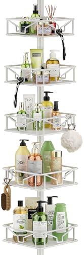 Skycarper 5 Tier Adjustable Corner Shower Caddy Organizer with Hooks,Rustproof Tension Pole 62-116 Inch,White