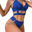 WDIRARA Women's Cut Out Halter Harness Strappy Lingerie Set Bralette and Thong (Medium, Royal Blue)