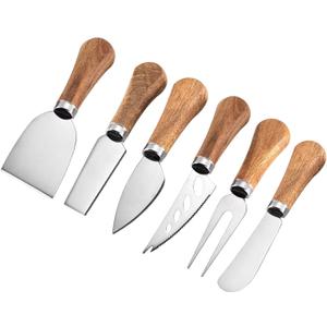 6 Piece Cheese Knives Set with Wooden Handle, Mini Steel Stainless Cheese knife set for Charcuterie and Cheese spread, Perfect for Cheese Slicer and Butter Cutter (Acacia)