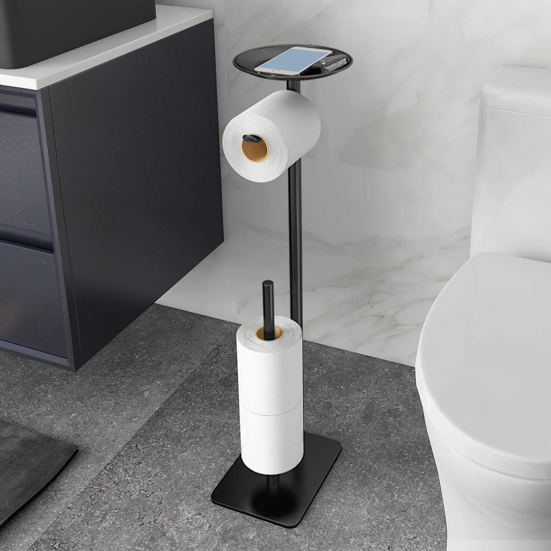 Toilet Paper Holder Stand for Bathroom Floor Standing Toilet Roll Dispenser Storages 4 Reserve Rolls, with Top Storage Shelf for Cell Phones, Wipe, Wallet and More(Black)