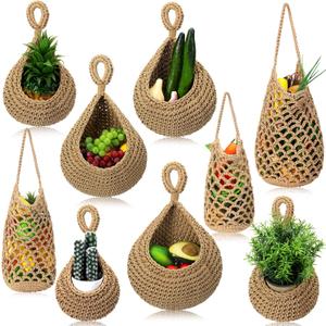 9 Pcs Jute Fruit Hanging Baskets for Kitchen, Boho Woven Wall Baskets, Produce Storage for Garlic Onion Potato Banana, Space Saving Farmhouse Kitchen Decor (Brown)