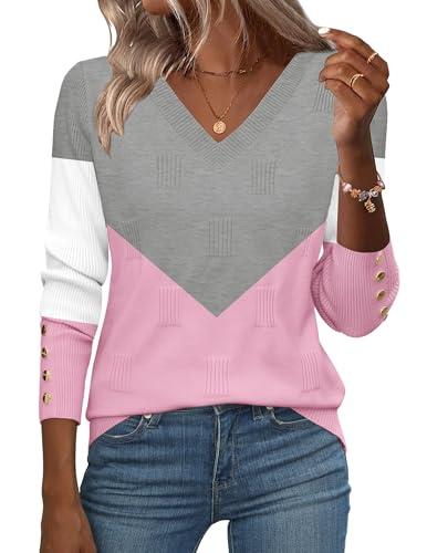 Zeagoo Women's Sweater Tops V Neck Fall Long Sleeve Tunic Button Summer Sweaters Blouse Lightweight Dressy Casual Shirt Trendy, Large