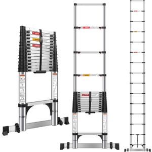 Telescoping Ladders 16.5 FT Stainless Steel Extension Ladders - Multi-Button Retraction Collapsible Ladder for Home,RV,Loft, Lasts 375 LBS with Balance Bar,2 Triangle Stabilizers and Wheels