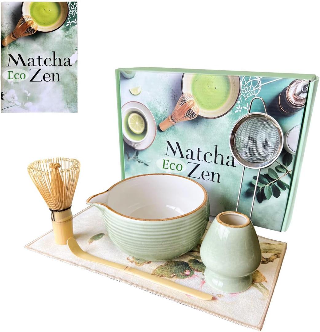 AROU - Matcha Eco Zen 7Pcs Matcha Set Whisk and Bowl, Small Whisk with Holder, Tea Cloth, Sifter, Bamboo Scoop  Spill Free Ceremonial Grade Japanese Tea Set with Handbook  Ideal for Beginners