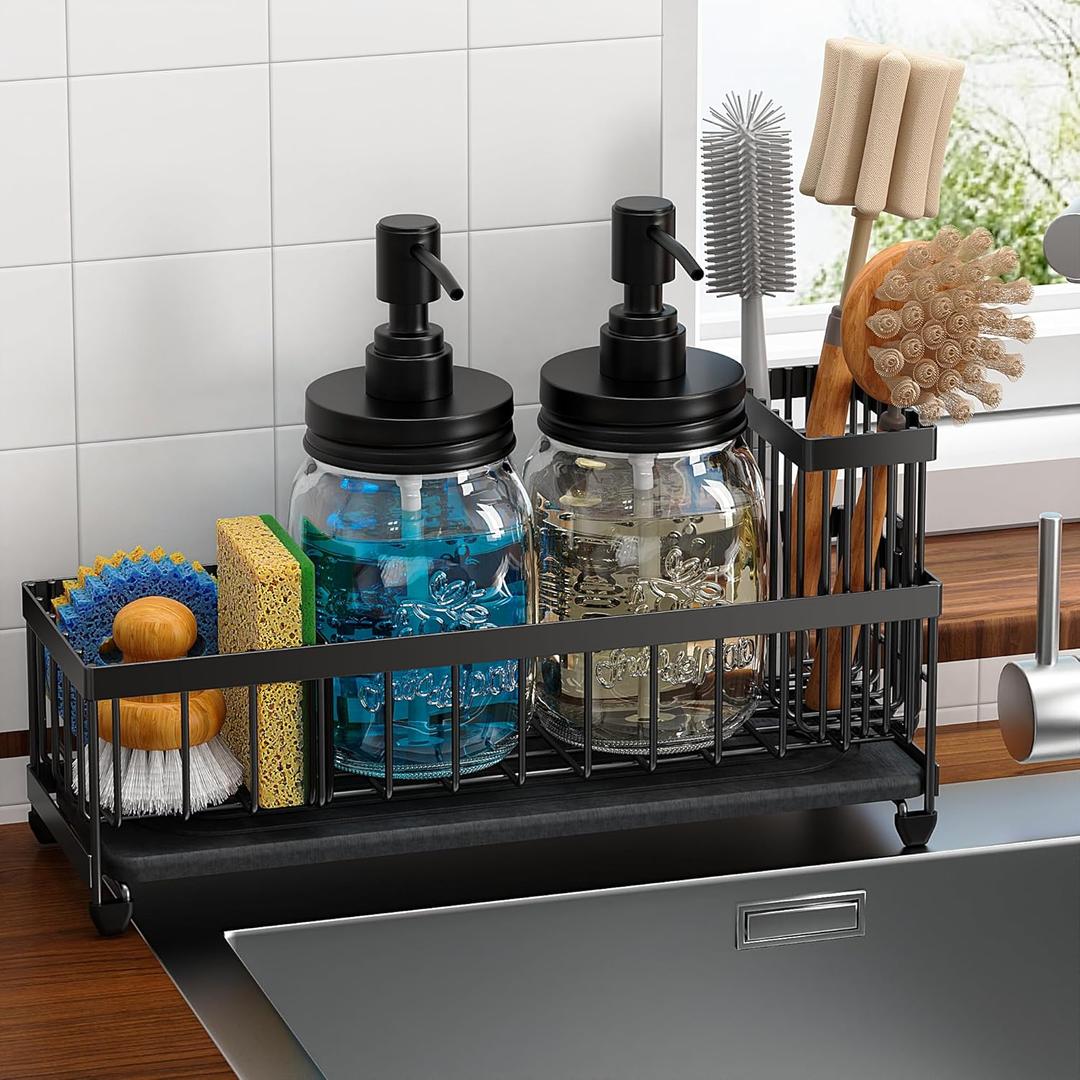 Mason Jar 16 oz Liquid Soap Dispensers Set with Large Kitchen Sink Caddy, Black Rustproof Stainless Steel Pump, Refill Hand Soap, Dish Soap, Vintage Farmhouse Decor for Bathroom, Kitchen