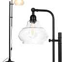 Brightech Austin LED Floor Lamp, Industrial Lamp for Living Rooms & Offices, Mid-Century Modern Standing Lamp with Adjustable Head, Tall Lamp with Rustic Glass Teardrop Shade for Bedroom - Black