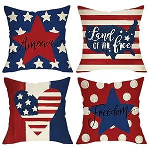 4th of July Pillow Covers 18x18 Inch,Set of 4 Patriotic Red White Blue Summer Outdoor Throw Pillow Covers,Independence Memorial Day USA Flag Linen Fourth of July Cushion Case for Sofa Couch Decor