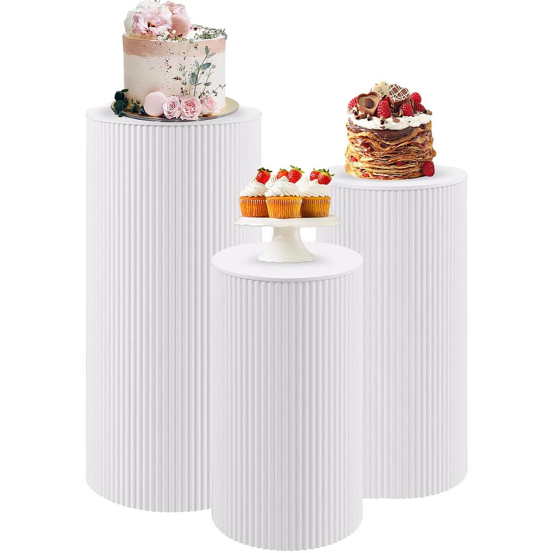 Metal Pleated Cylinder Pedestal Stands for Party, 3 Pieces Heavy Duty Round Cake Pedestal Stand Display Plinth Pillars Art Decor for Wedding Ceremony Birthday Party（Large, White）