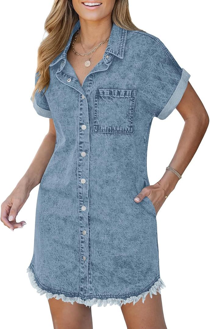 BestGirl Denim Shirt Dress for Women Short Sleeve Button Down Casual Summer Jean Dresses