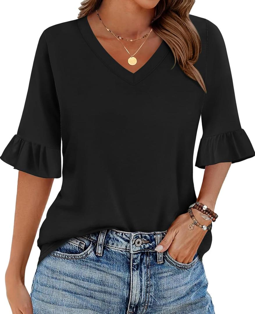 Zeagoo Womens Tops Casual V Neck Shirts Floral Solid Blouse Ruffle Tunics 3/4 Sleeve Tshirt  (Medium, Black)