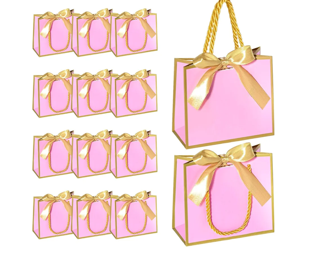 EQOREIIN 50 PCS Small Gift Bags with Handles,Pink Mini Bag,5.5x 2.5x4.7 Inches Small Thank You Gift Bags Bulk with Ribbon for Party Favors,Mother's Day, Goodie, Weddings,Baby Shower(Pink Gold)