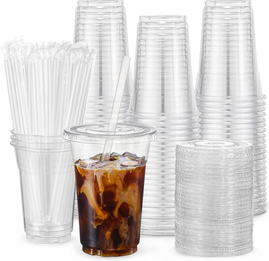 VITEVER [100 Sets - 16oz] Clear Plastic Cups with Lids and Straws, Disposable Iced Coffee Cups for Smoothie, Milkshake, Cold Drinks - BPA free